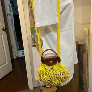 Longchamp Small cotton mesh shoulder bag with leather trim.